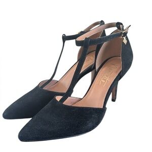 Nanette Lepore Sabrina Black velvet T-strap closed toe pumps heels stilettos 6.5